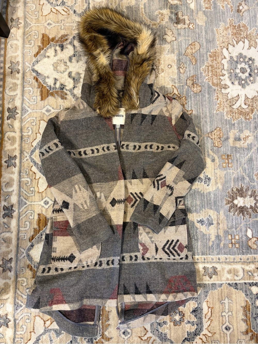 BB Dakota Hooded Trench Coat in Gray and Cream Aztec Print with Faux Fur Trim